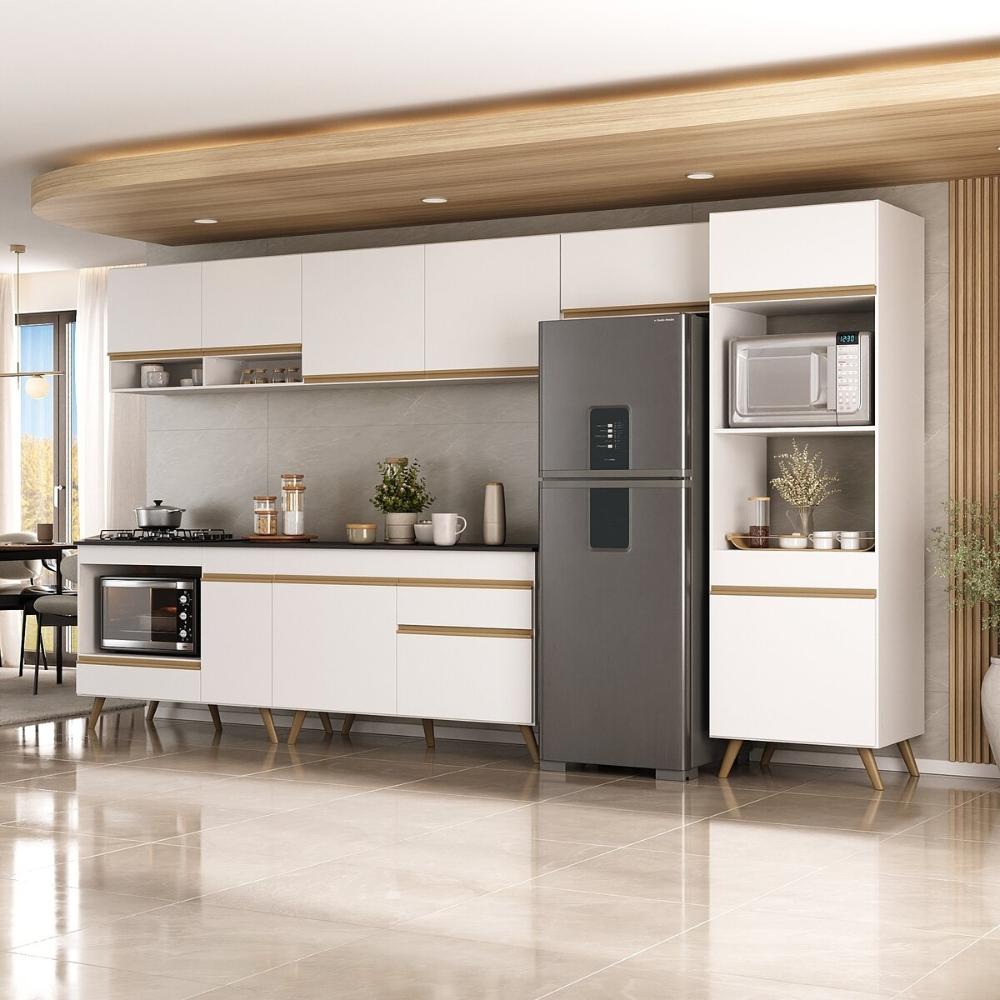 Cozinha Modulada Completa 357cm 6 Pçs com Balcão para Cooktop Veneza Multimóveis MP2272 Branco/Dourado