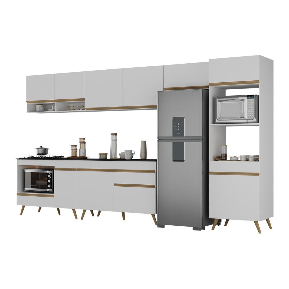 Cozinha Modulada Completa 357cm 6 Pçs com Balcão para Cooktop Veneza Multimóveis MP2272 Branco/Dourado