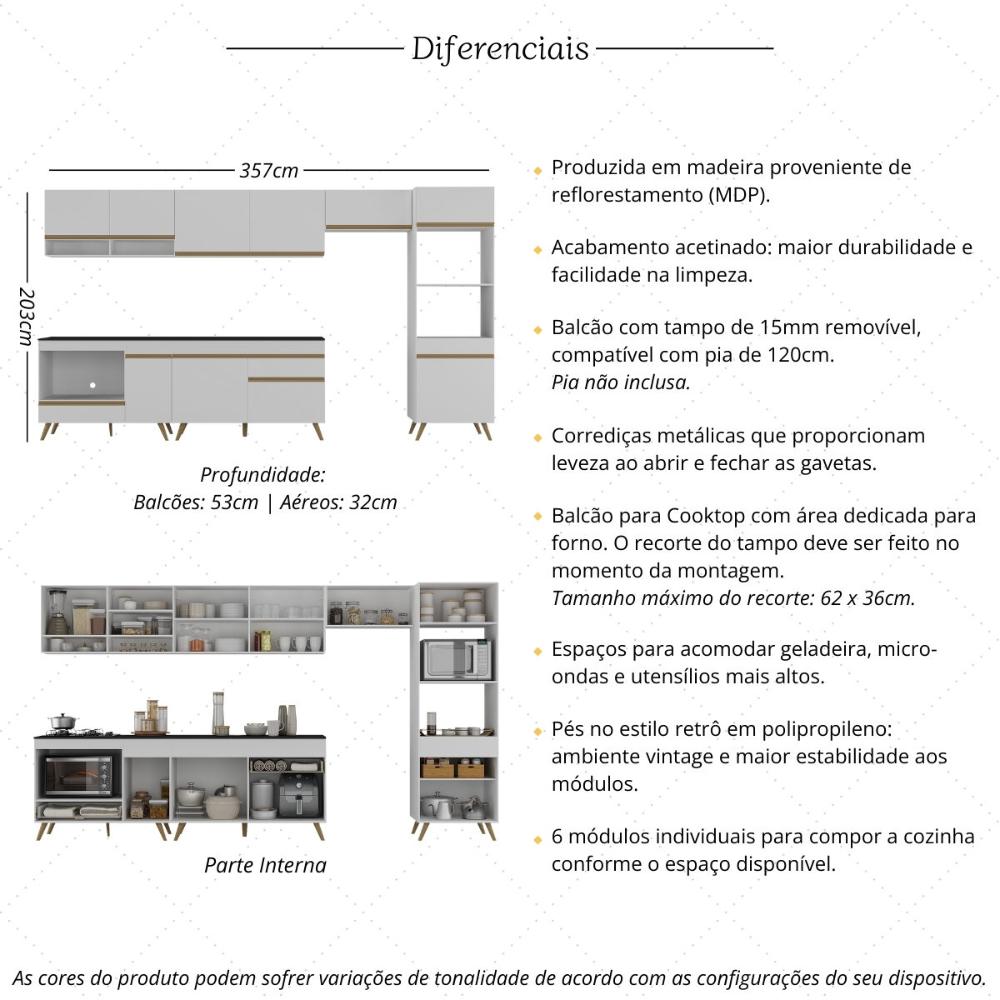 Cozinha Modulada Completa 357cm 6 Pçs com Balcão para Cooktop Veneza Multimóveis MP2272 Branco/Dourado