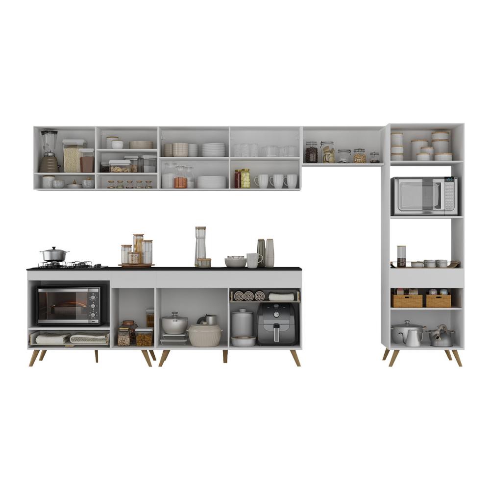 Cozinha Modulada Completa 357cm 6 Pçs com Balcão para Cooktop Veneza Multimóveis MP2272 Branco/Dourado