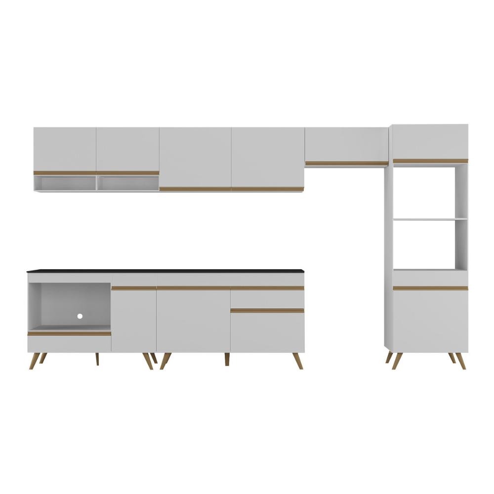Cozinha Modulada Completa 357cm 6 Pçs com Balcão para Cooktop Veneza Multimóveis MP2272 Branco/Dourado