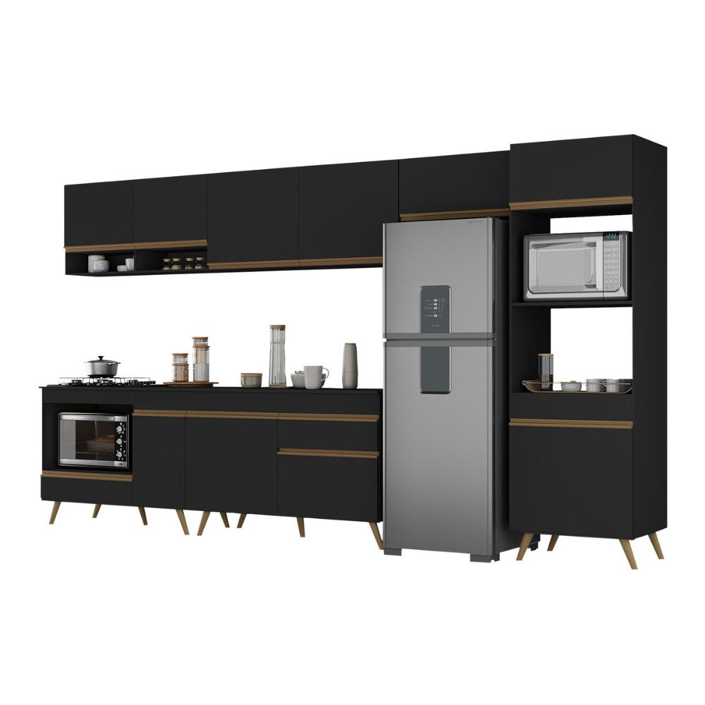Cozinha Modulada Completa 357cm 6 Pçs com Balcão para Cooktop Veneza Multimóveis MP2272 Preto/Dourado