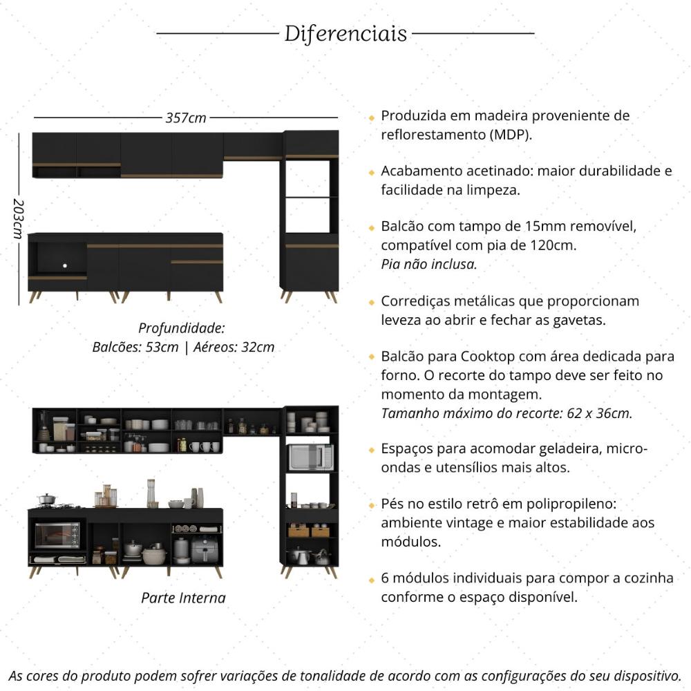Cozinha Modulada Completa 357cm 6 Pçs com Balcão para Cooktop Veneza Multimóveis MP2272 Preto/Dourado