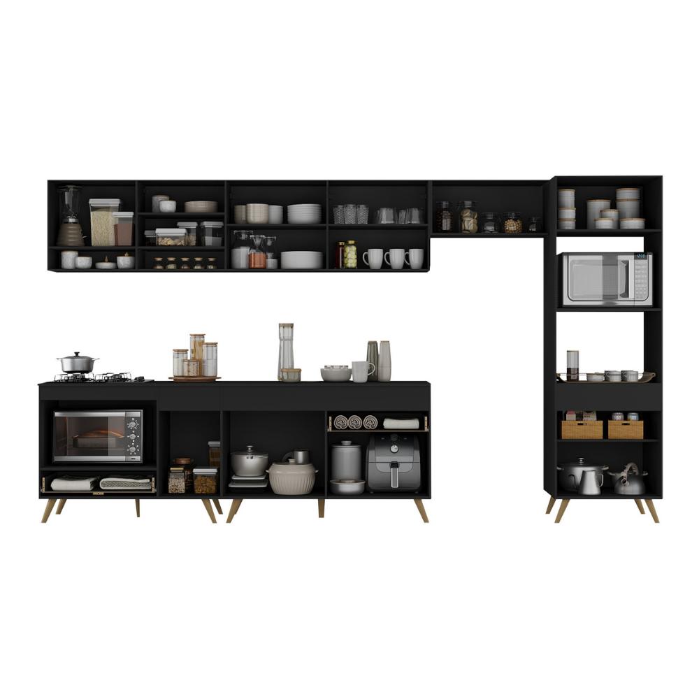 Cozinha Modulada Completa 357cm 6 Pçs com Balcão para Cooktop Veneza Multimóveis MP2272 Preto/Dourado