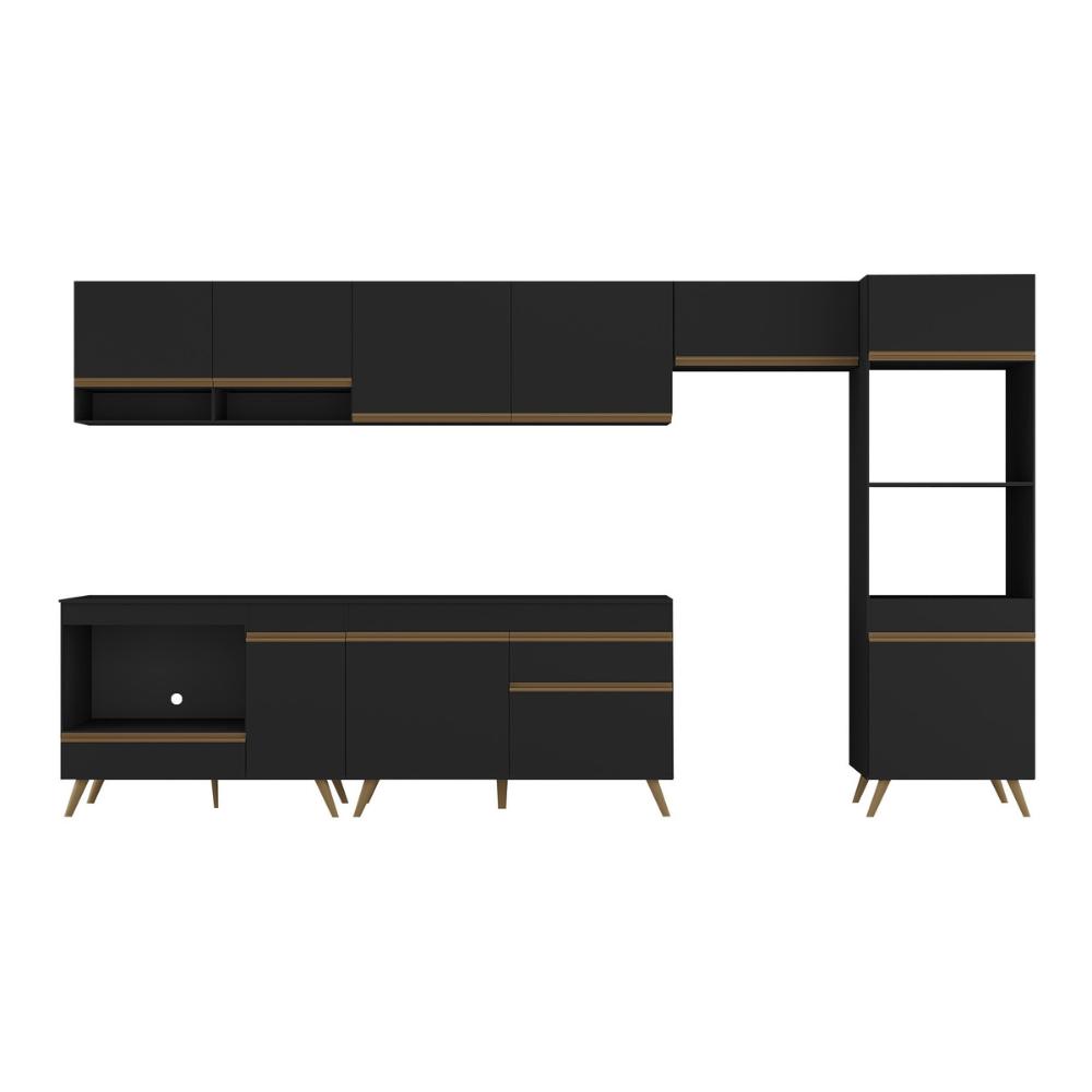 Cozinha Modulada Completa 357cm 6 Pçs com Balcão para Cooktop Veneza Multimóveis MP2272 Preto/Dourado