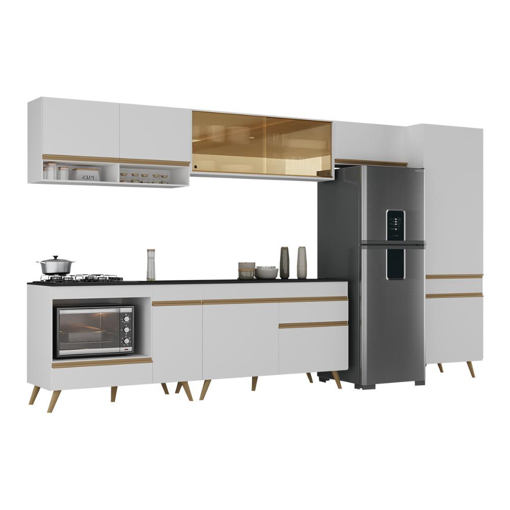 Cozinha Modulada Completa 357cm 6 Peças com Balcão para Cooktop Veneza Multimóveis MP2275 Branco/Dourado