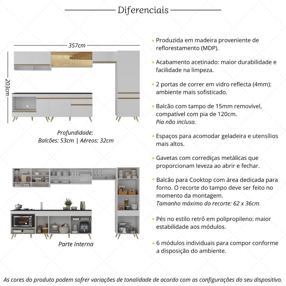 Cozinha Modulada Completa 357cm 6 Peças com Balcão para Cooktop Veneza Multimóveis MP2275 Branco/Dourado
