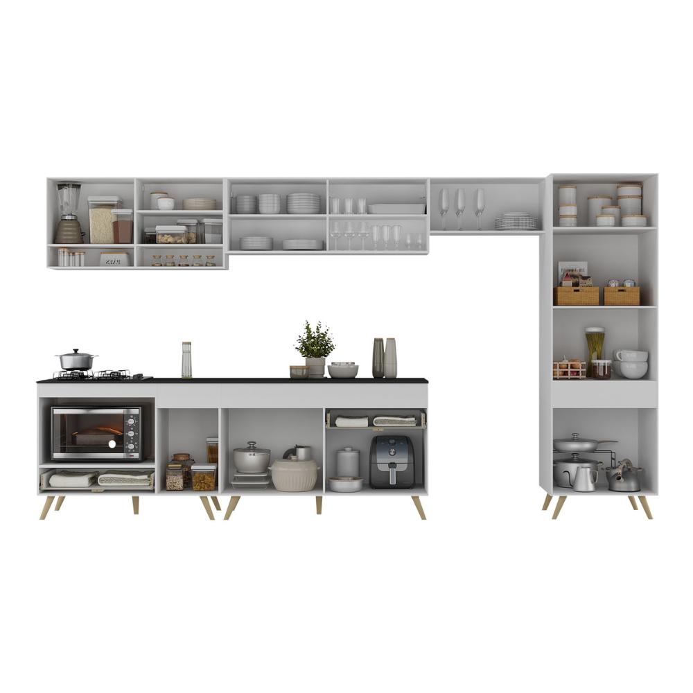 Cozinha Modulada Completa 357cm 6 Peças com Balcão para Cooktop Veneza Multimóveis MP2275 Branco/Dourado