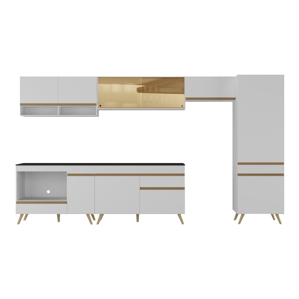 Cozinha Modulada Completa 357cm 6 Peças com Balcão para Cooktop Veneza Multimóveis MP2275 Branco/Dourado