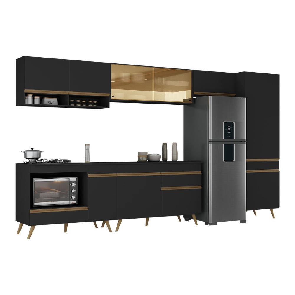 Cozinha Modulada Completa 357cm 6 Peças com Balcão para Cooktop Veneza Multimóveis MP2275 Preto/Dourado