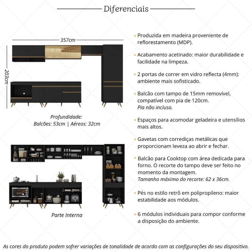 Cozinha Modulada Completa 357cm 6 Peças com Balcão para Cooktop Veneza Multimóveis MP2275 Preto/Dourado