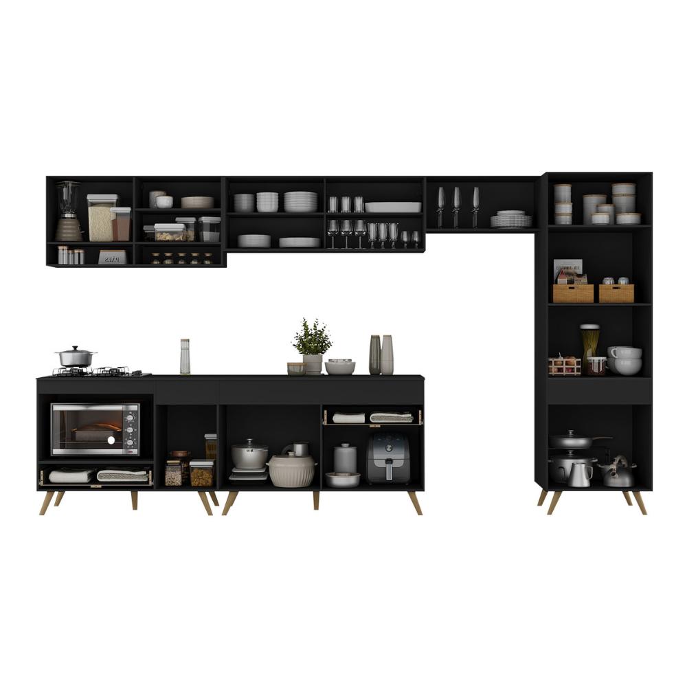 Cozinha Modulada Completa 357cm 6 Peças com Balcão para Cooktop Veneza Multimóveis MP2275 Preto/Dourado