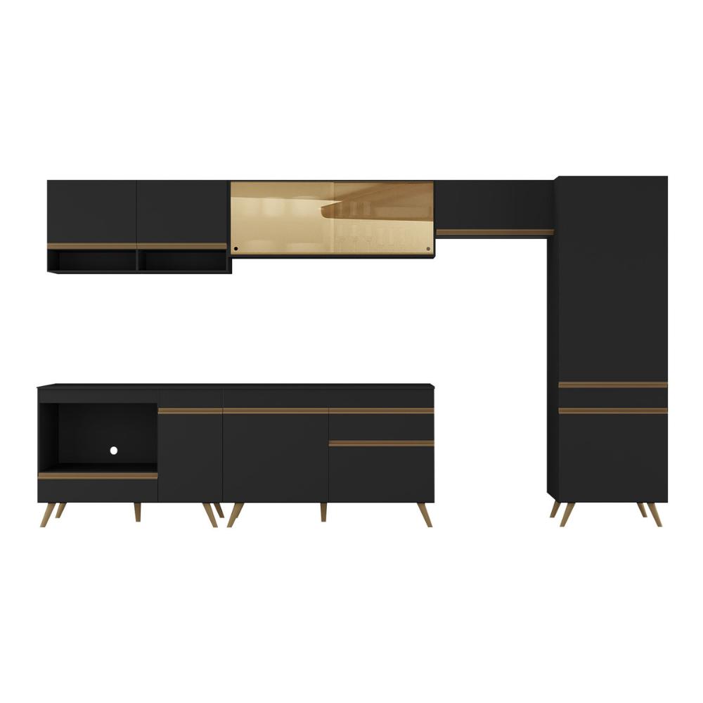 Cozinha Modulada Completa 357cm 6 Peças com Balcão para Cooktop Veneza Multimóveis MP2275 Preto/Dourado