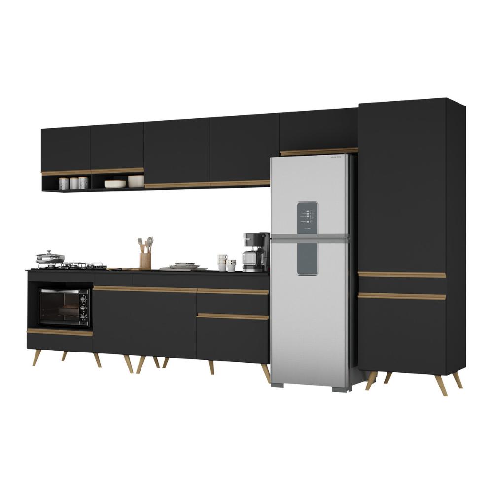Cozinha Modulada Completa 357cm 6 Peças com Balcão para Cooktop Veneza Multimóveis MP2277 Preto/Dourado