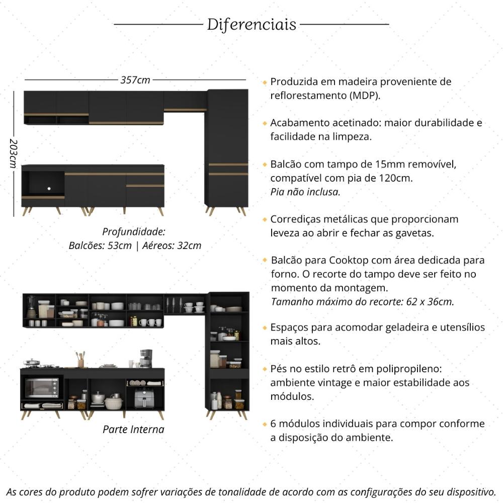 Cozinha Modulada Completa 357cm 6 Peças com Balcão para Cooktop Veneza Multimóveis MP2277 Preto/Dourado