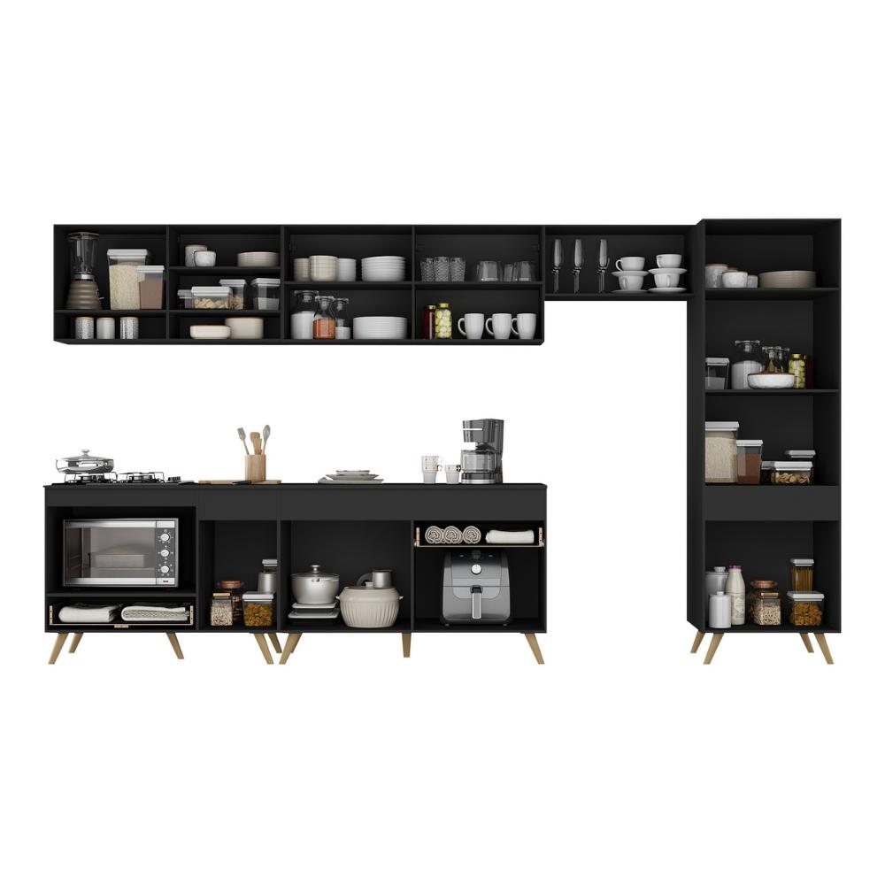 Cozinha Modulada Completa 357cm 6 Peças com Balcão para Cooktop Veneza Multimóveis MP2277 Preto/Dourado