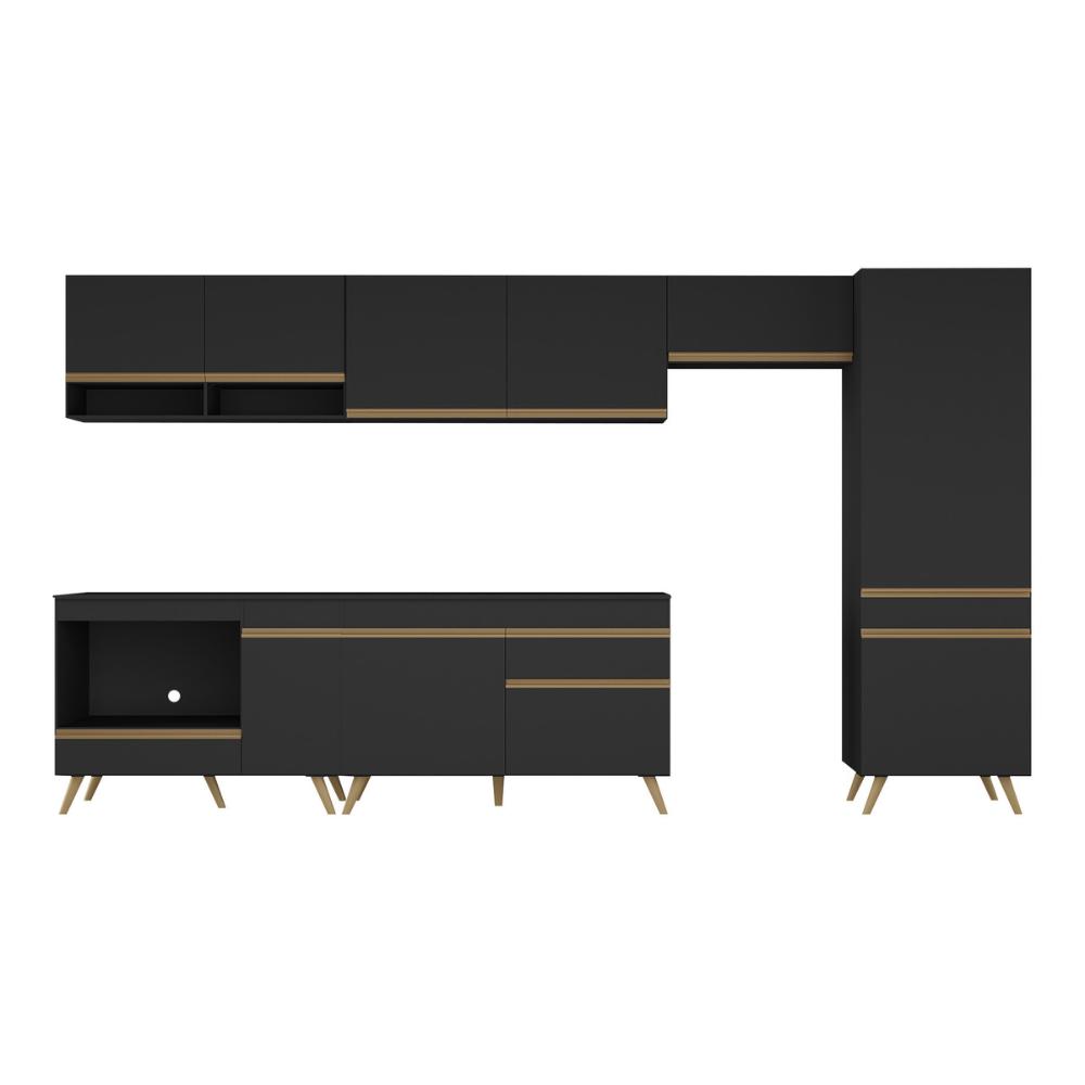 Cozinha Modulada Completa 357cm 6 Peças com Balcão para Cooktop Veneza Multimóveis MP2277 Preto/Dourado