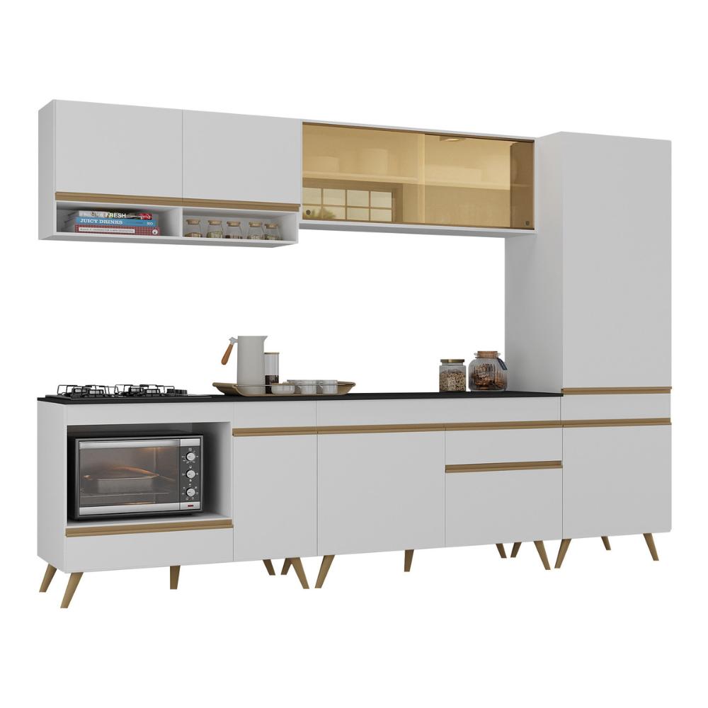 Cozinha Modulada Completa Compacta 287cm com Balcão para Cooktop Veneza Multimóveis MP2267 Branco/Dourado