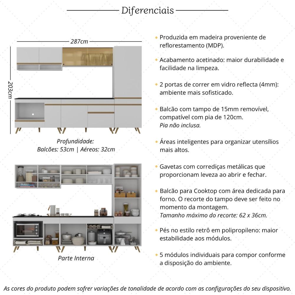 Cozinha Modulada Completa Compacta 287cm com Balcão para Cooktop Veneza Multimóveis MP2267 Branco/Dourado