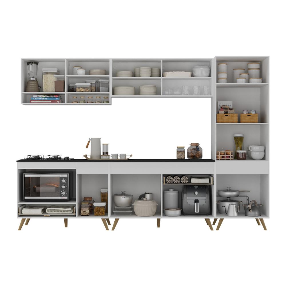 Cozinha Modulada Completa Compacta 287cm com Balcão para Cooktop Veneza Multimóveis MP2267 Branco/Dourado