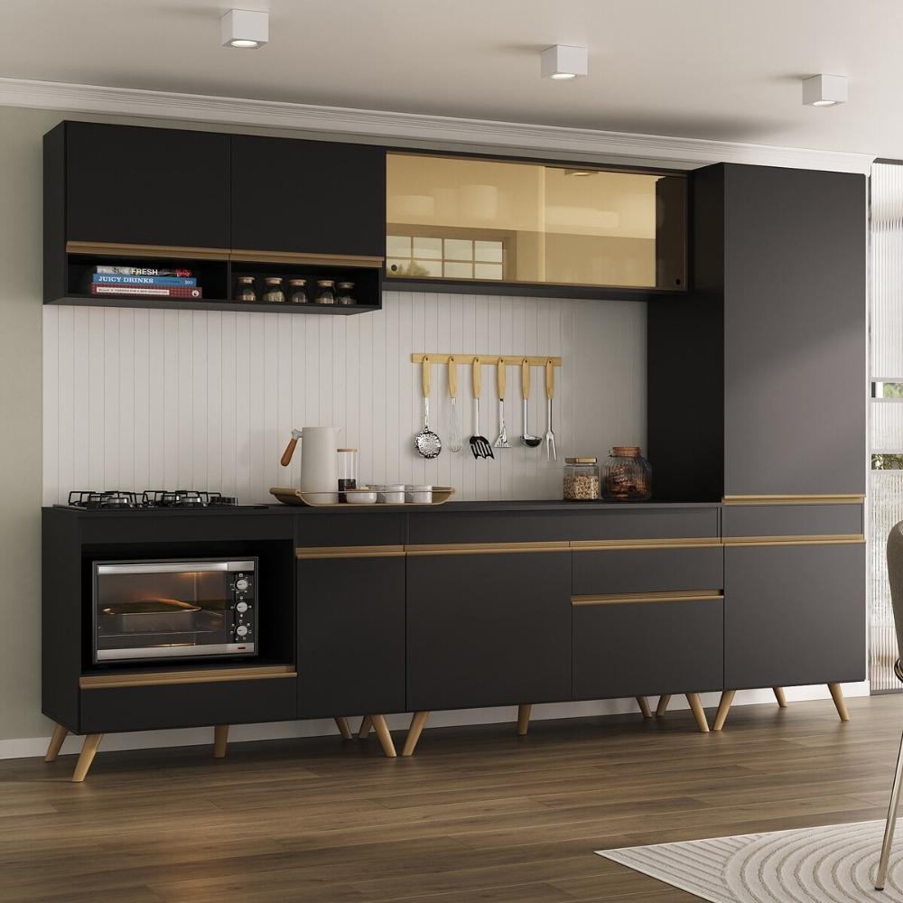 Cozinha Modulada Completa Compacta 287cm com Balcão para Cooktop Veneza Multimóveis MP2267 Preto/Dourado