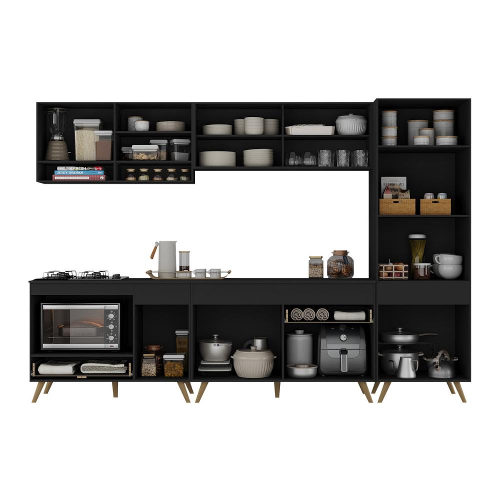 Cozinha Modulada Completa Compacta 287cm com Balcão para Cooktop Veneza Multimóveis MP2267 Preto/Dourado