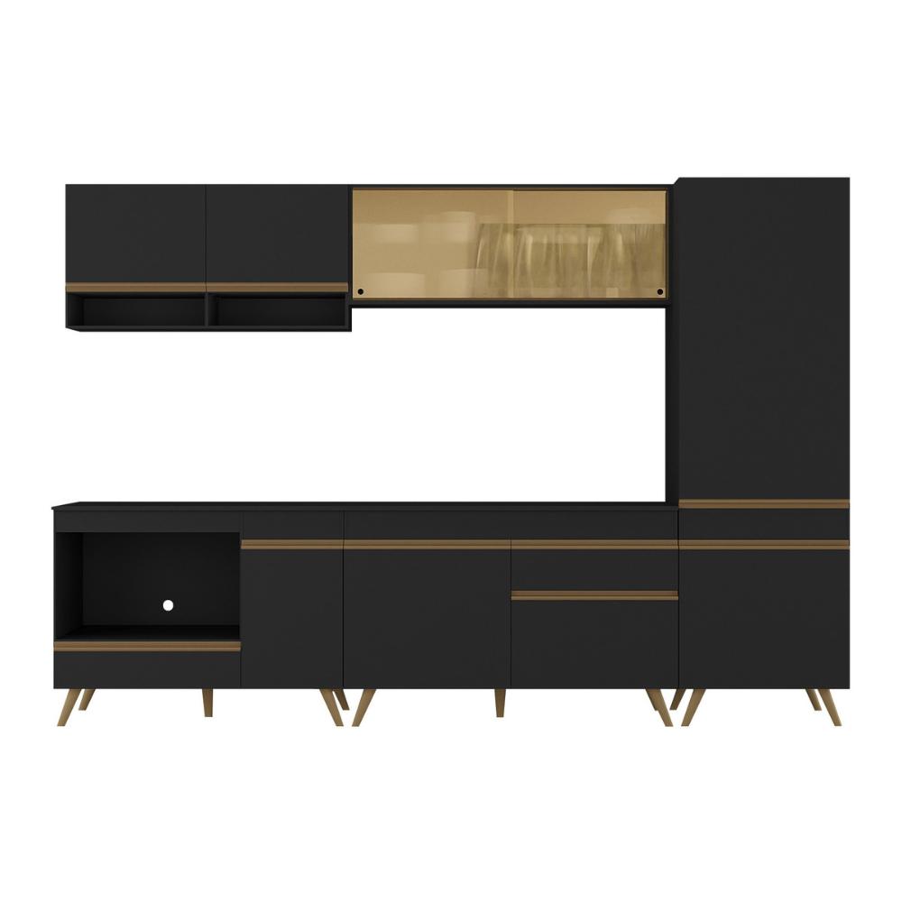 Cozinha Modulada Completa Compacta 287cm com Balcão para Cooktop Veneza Multimóveis MP2267 Preto/Dourado