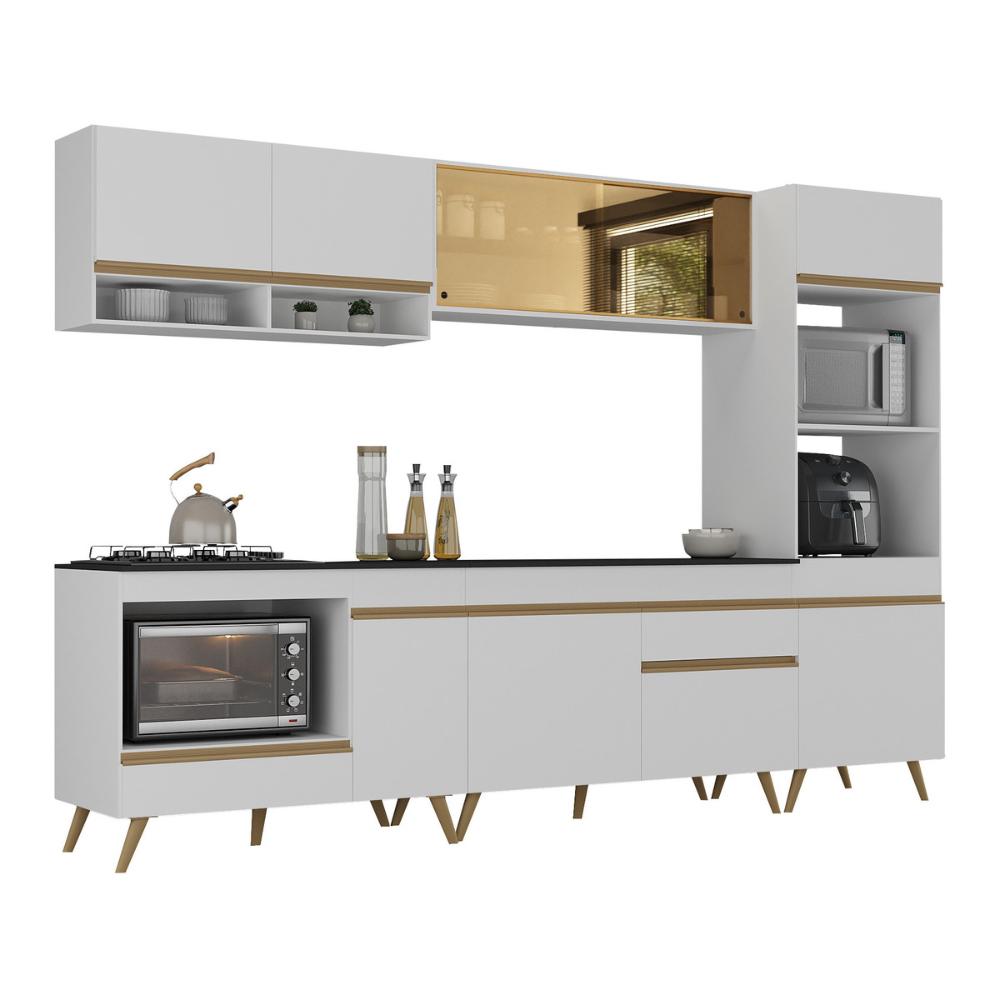 Cozinha Modulada Completa Compacta 287cm com Balcão para Cooktop Veneza Multimóveis MP2269 Branco/Dourado
