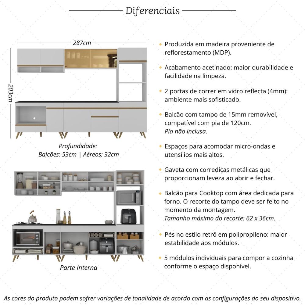 Cozinha Modulada Completa Compacta 287cm com Balcão para Cooktop Veneza Multimóveis MP2269 Branco/Dourado