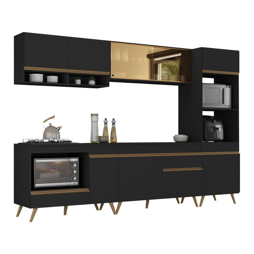 Cozinha Modulada Completa Compacta 287cm com Balcão para Cooktop Veneza Multimóveis MP2269 Preto/Dourado