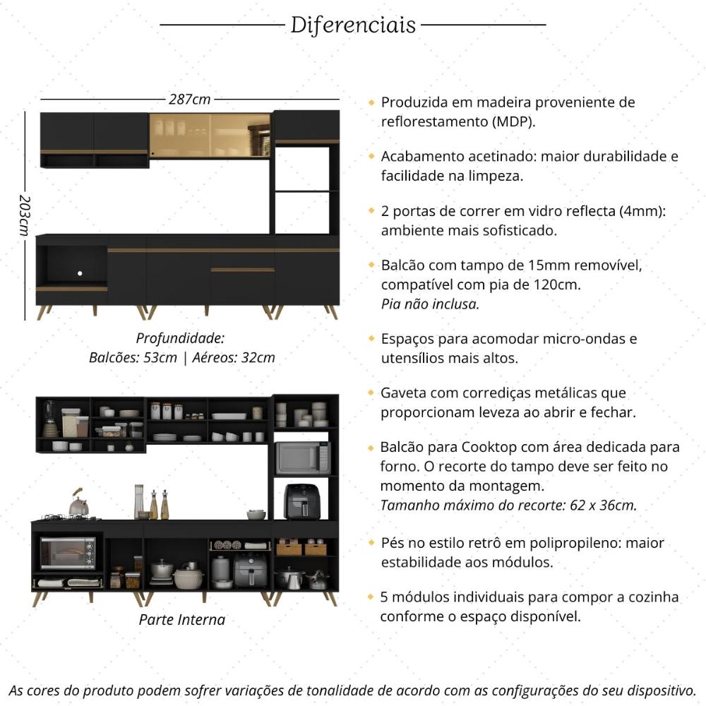 Cozinha Modulada Completa Compacta 287cm com Balcão para Cooktop Veneza Multimóveis MP2269 Preto/Dourado