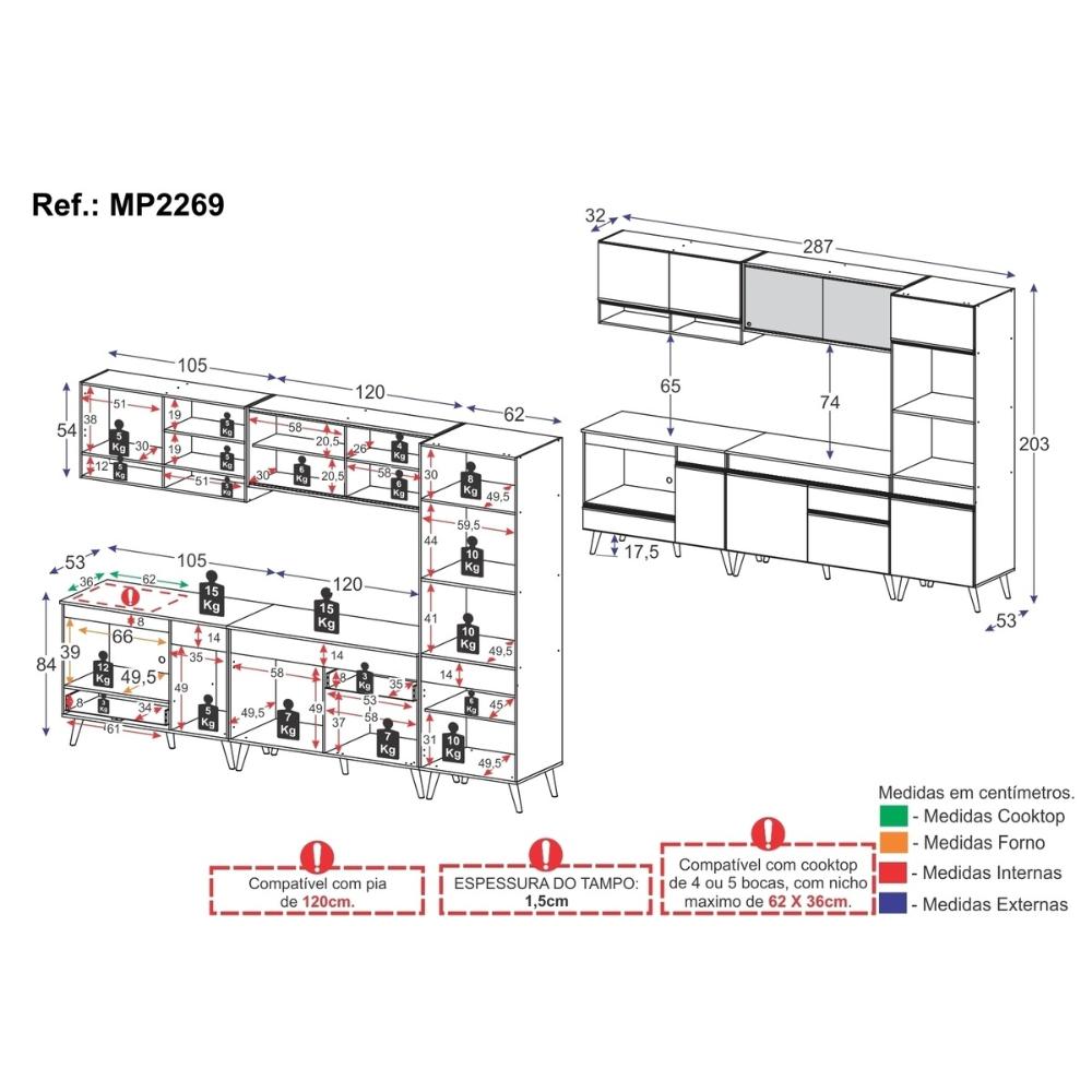 Cozinha Modulada Completa Compacta 287cm com Balcão para Cooktop Veneza Multimóveis MP2269 Preto/Dourado