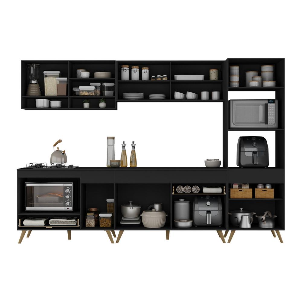 Cozinha Modulada Completa Compacta 287cm com Balcão para Cooktop Veneza Multimóveis MP2269 Preto/Dourado