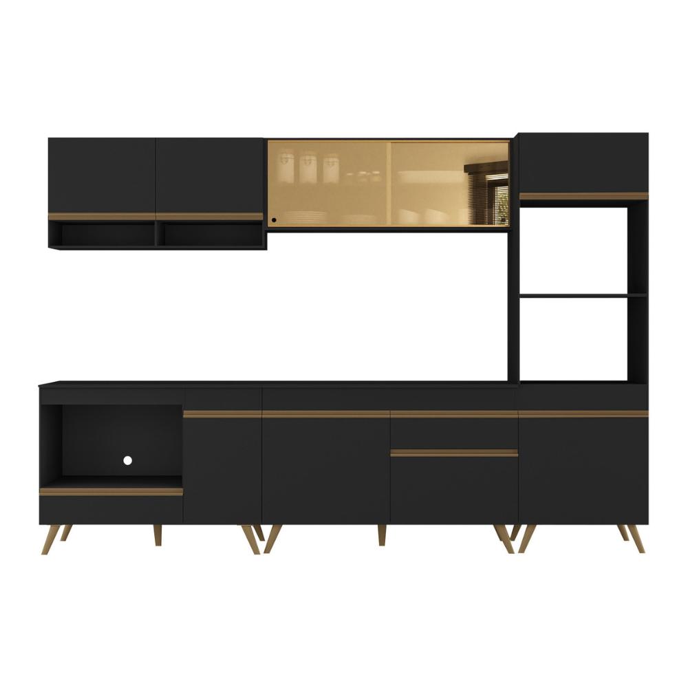 Cozinha Modulada Completa Compacta 287cm com Balcão para Cooktop Veneza Multimóveis MP2269 Preto/Dourado