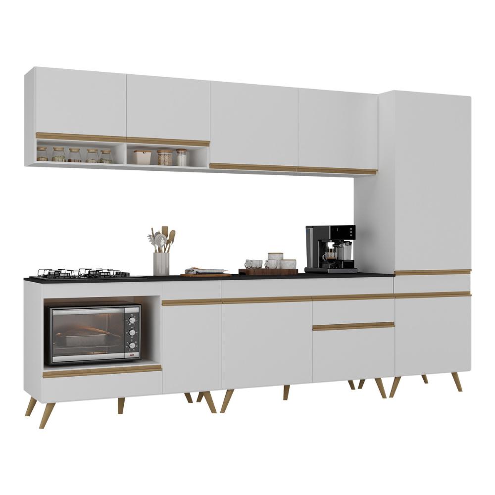 Cozinha Modulada Completa Compacta 5 Pçs com Balcão para Cooktop Veneza Multimóveis MP2266 Branco/Dourado