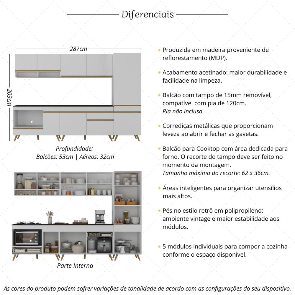 Cozinha Modulada Completa Compacta 5 Pçs com Balcão para Cooktop Veneza Multimóveis MP2266 Branco/Dourado