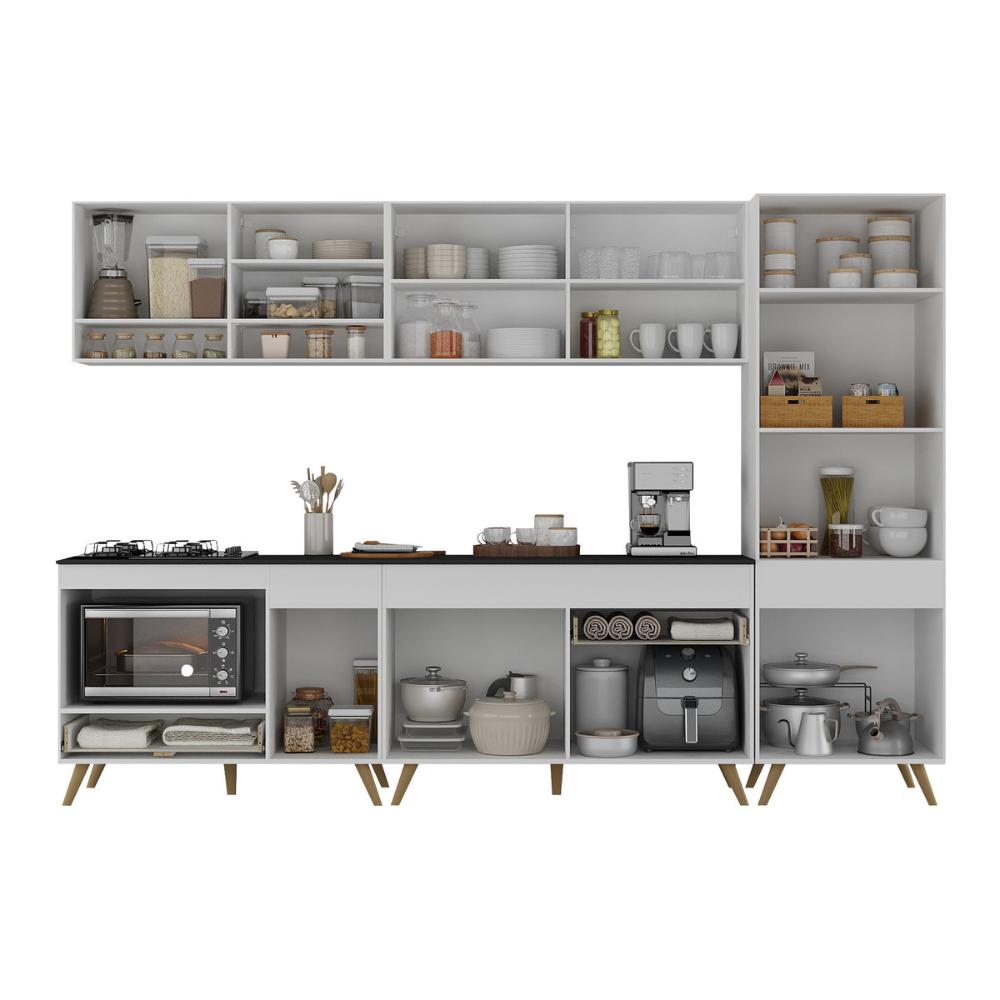 Cozinha Modulada Completa Compacta 5 Pçs com Balcão para Cooktop Veneza Multimóveis MP2266 Branco/Dourado