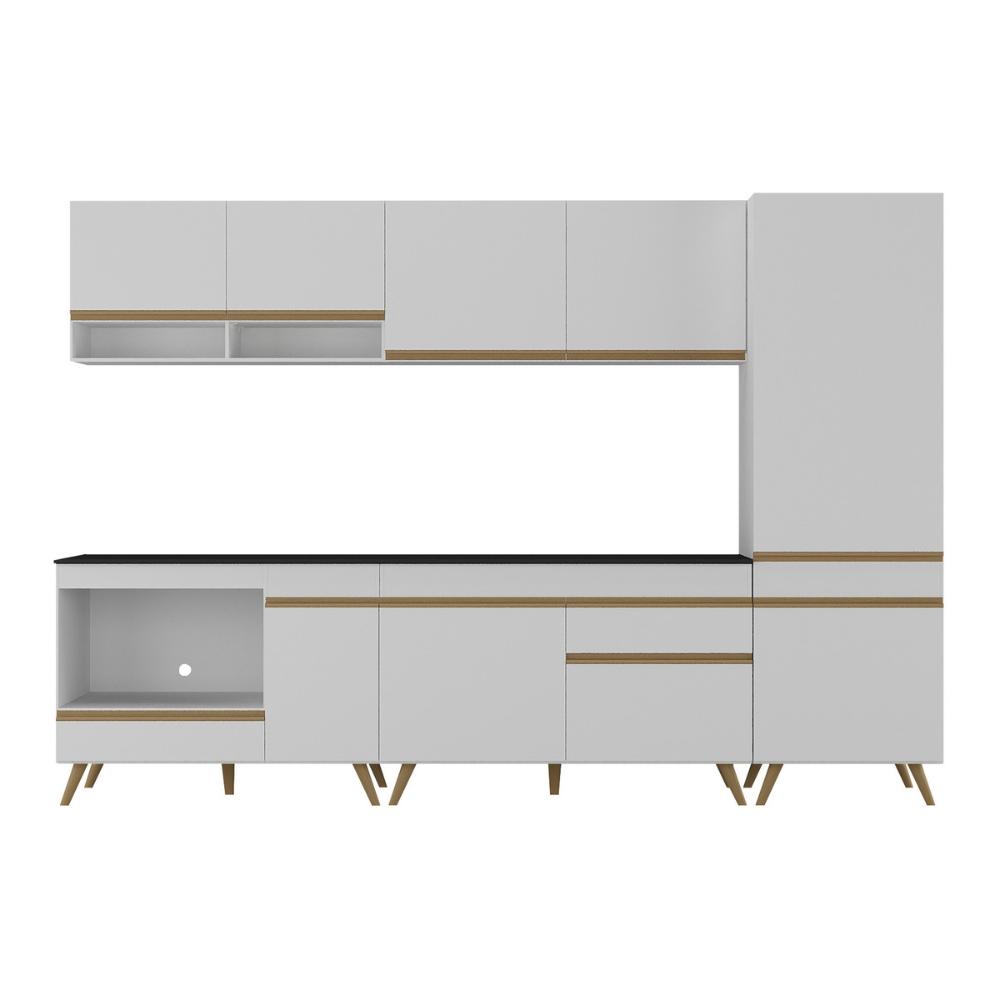 Cozinha Modulada Completa Compacta 5 Pçs com Balcão para Cooktop Veneza Multimóveis MP2266 Branco/Dourado