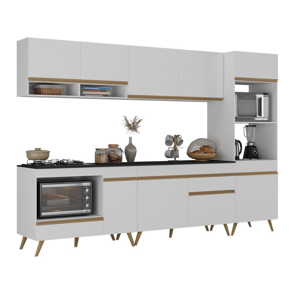 Cozinha Modulada Completa Compacta 5 Pçs com Balcão para Cooktop Veneza Multimóveis MP2268 Branco/Dourado