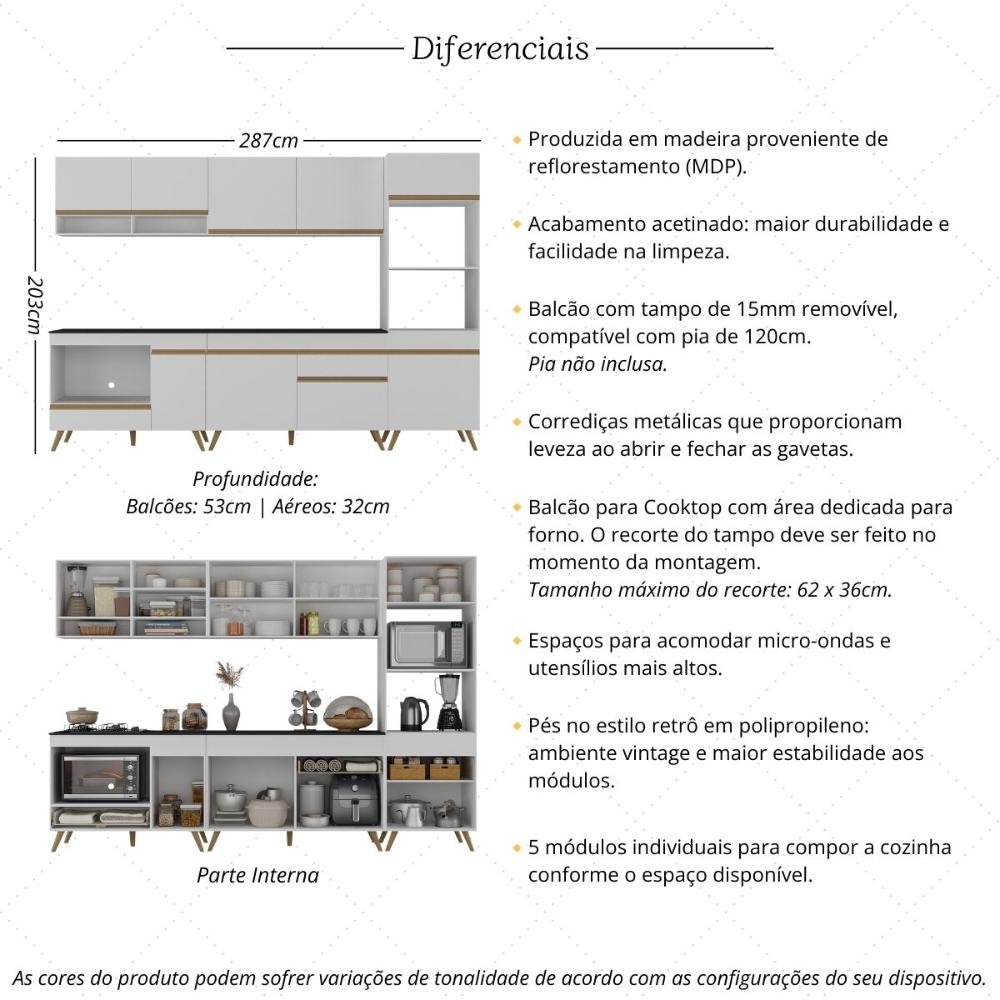 Cozinha Modulada Completa Compacta 5 Pçs com Balcão para Cooktop Veneza Multimóveis MP2268 Branco/Dourado
