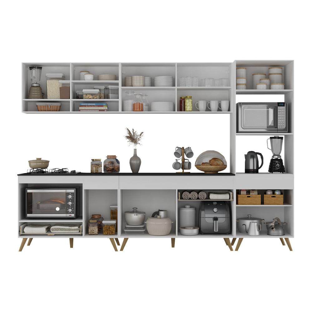 Cozinha Modulada Completa Compacta 5 Pçs com Balcão para Cooktop Veneza Multimóveis MP2268 Branco/Dourado