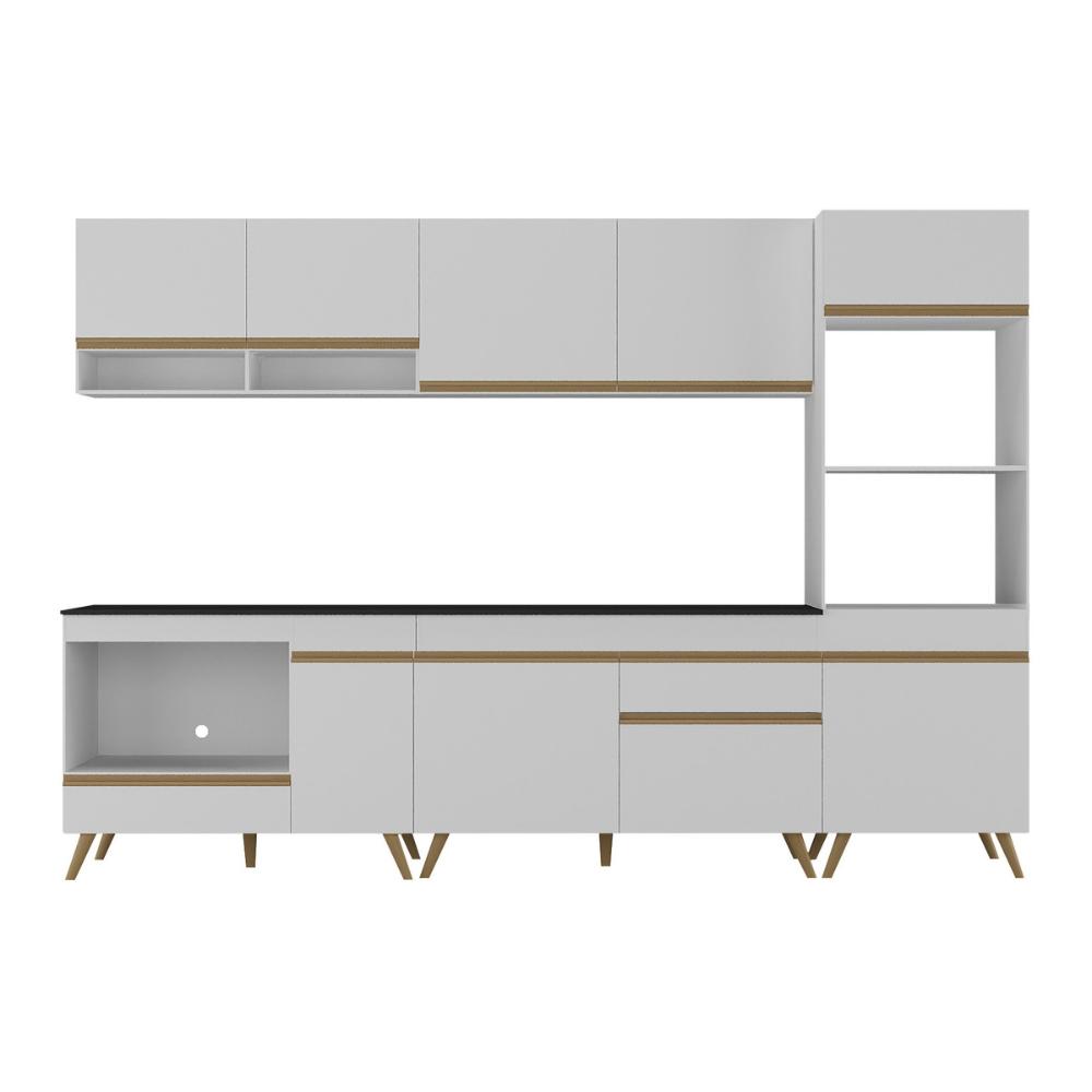 Cozinha Modulada Completa Compacta 5 Pçs com Balcão para Cooktop Veneza Multimóveis MP2268 Branco/Dourado