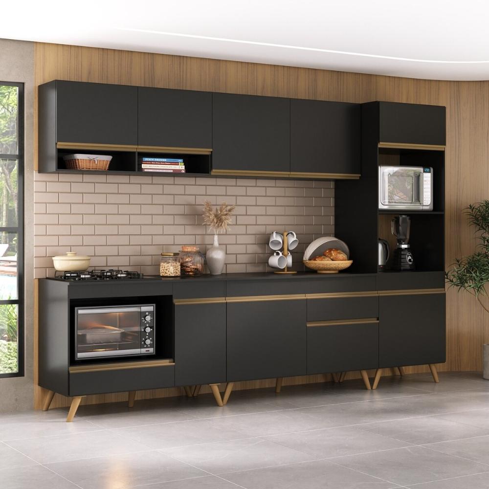 Cozinha Modulada Completa Compacta 5 Pçs com Balcão para Cooktop Veneza Multimóveis MP2268 Preto/Dourado