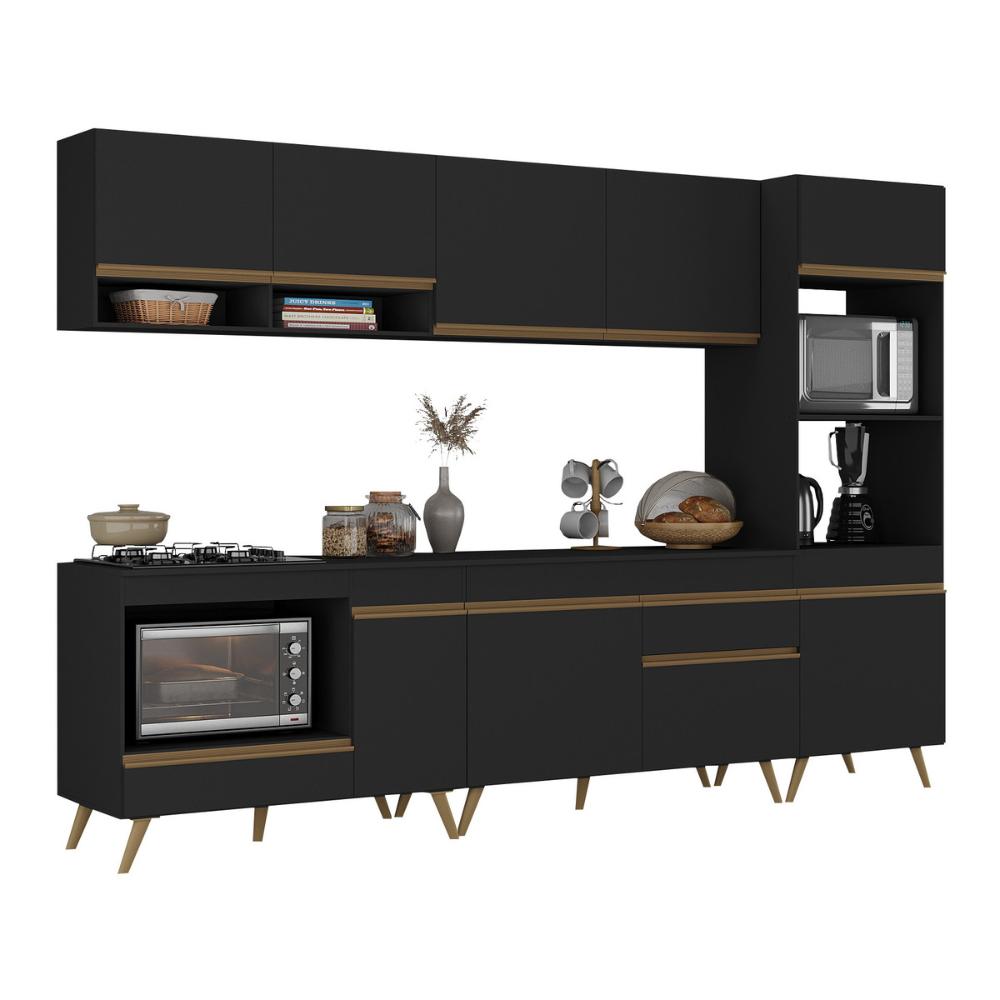 Cozinha Modulada Completa Compacta 5 Pçs com Balcão para Cooktop Veneza Multimóveis MP2268 Preto/Dourado