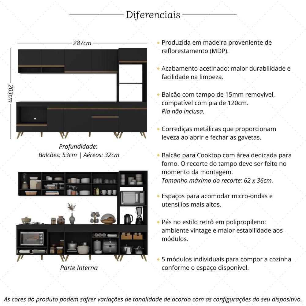 Cozinha Modulada Completa Compacta 5 Pçs com Balcão para Cooktop Veneza Multimóveis MP2268 Preto/Dourado
