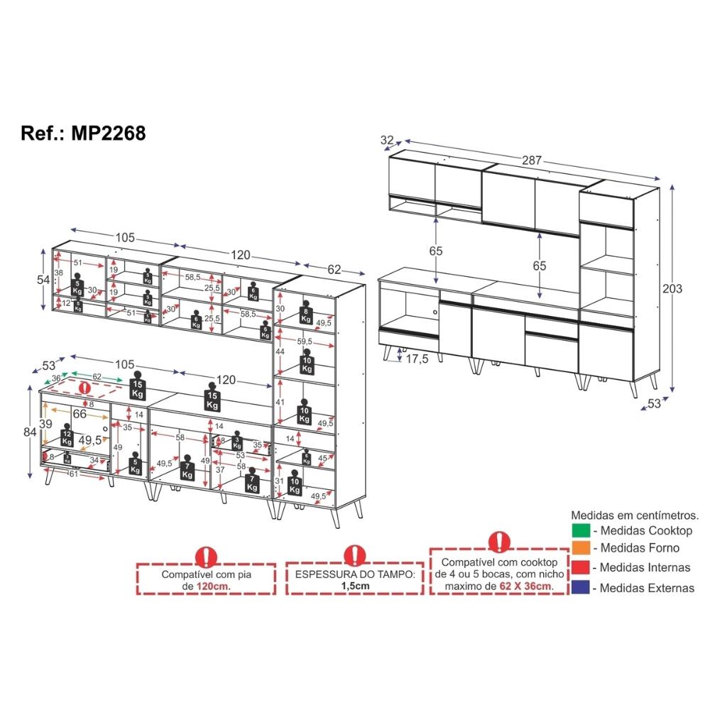 Cozinha Modulada Completa Compacta 5 Pçs com Balcão para Cooktop Veneza Multimóveis MP2268 Preto/Dourado