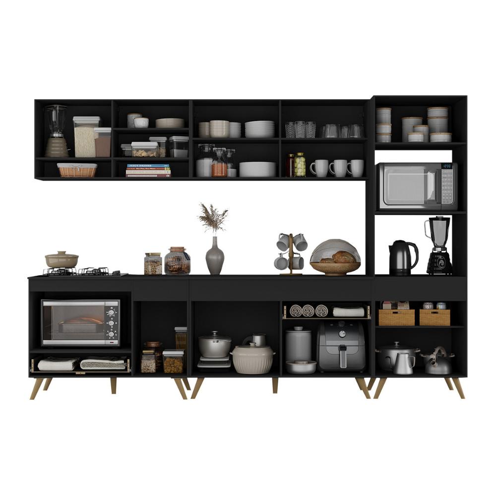 Cozinha Modulada Completa Compacta 5 Pçs com Balcão para Cooktop Veneza Multimóveis MP2268 Preto/Dourado