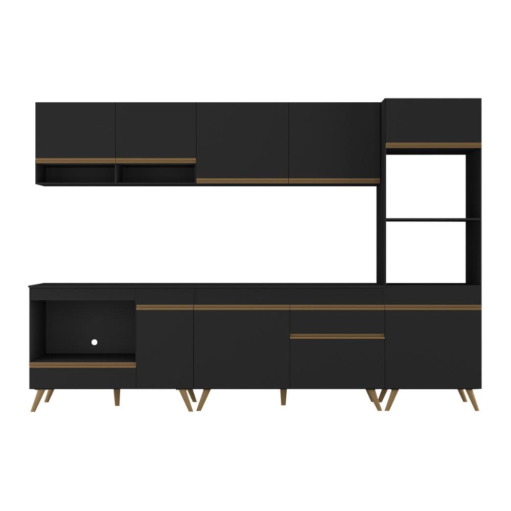 Cozinha Modulada Completa Compacta 5 Pçs com Balcão para Cooktop Veneza Multimóveis MP2268 Preto/Dourado