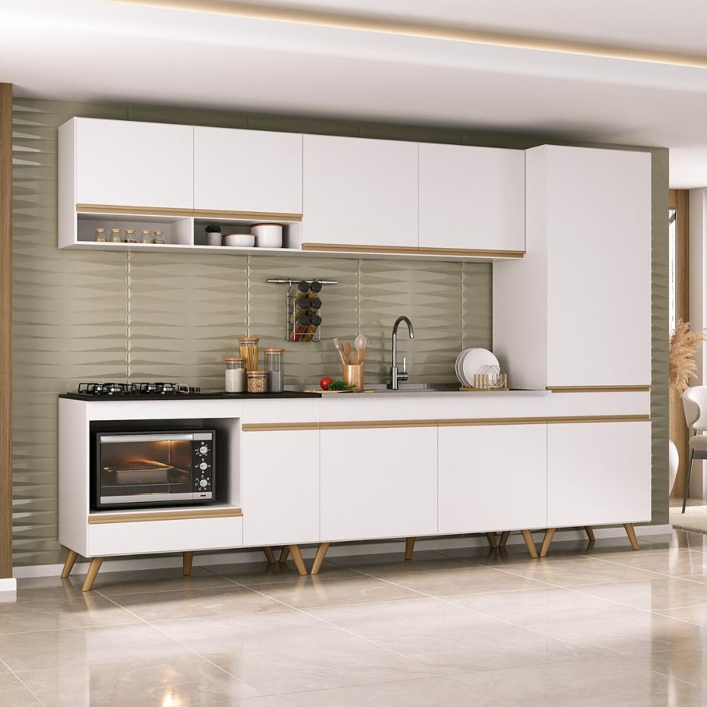 Cozinha Modulada Completa Compacta 5 Pçs com Balcão para Cooktop Veneza Multimóveis MP2270 Branco/Dourado