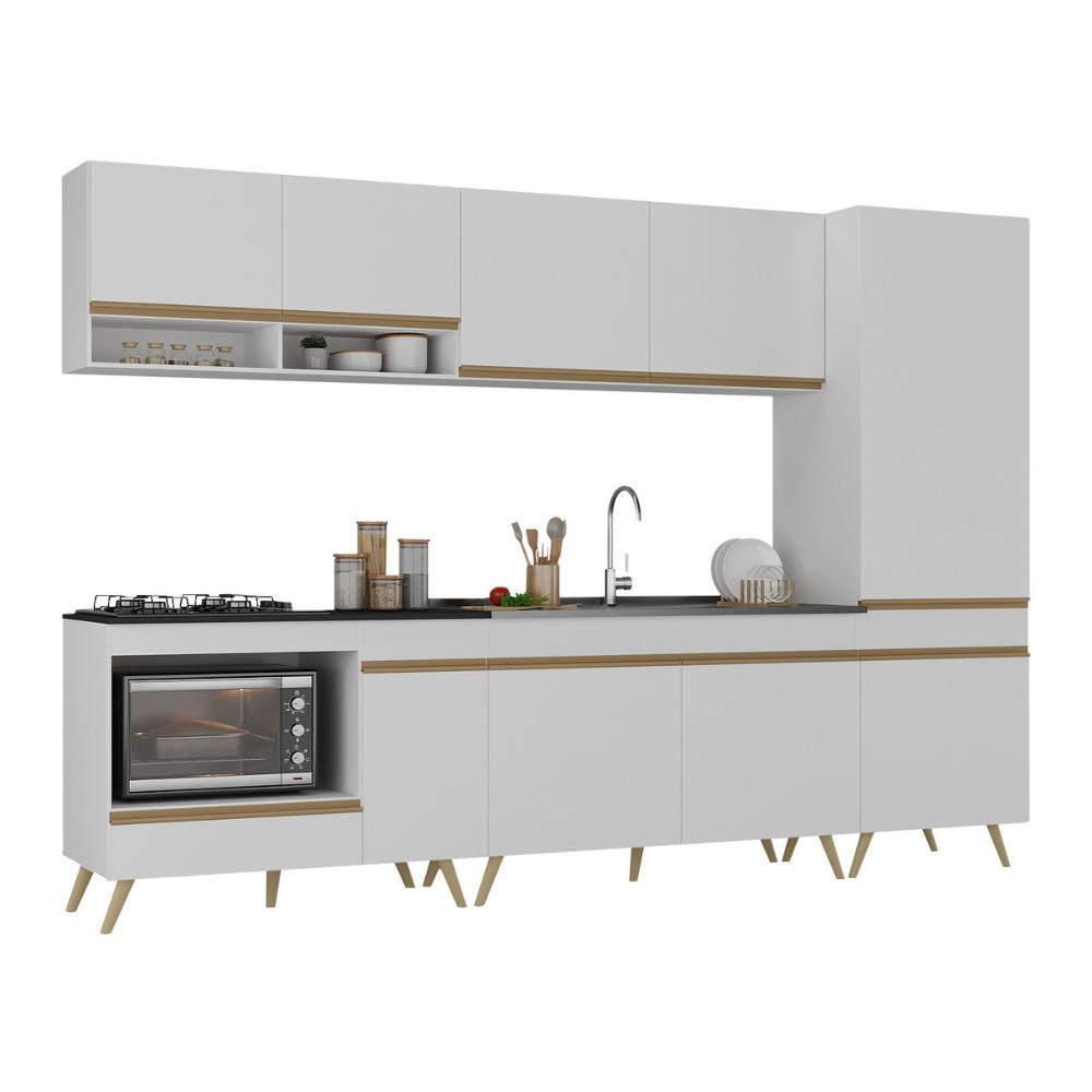 Cozinha Modulada Completa Compacta 5 Pçs com Balcão para Cooktop Veneza Multimóveis MP2270 Branco/Dourado